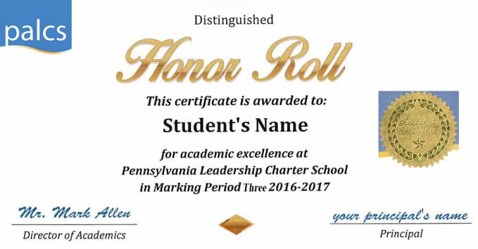PALCS Honor Roll, honor roll certificate with seal and signatures